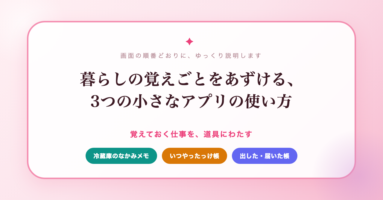 暮らしの覚えごとをあずける、3つの小さなアプリの使い方(冷蔵庫のなかみメモ・いつやったっけ帳・出した・届いた帳)