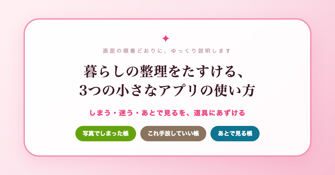 暮らしの整理をたすける、3つの小さなアプリの使い方(写真でしまった帳・これ手放していい帳・あとで見る帳)